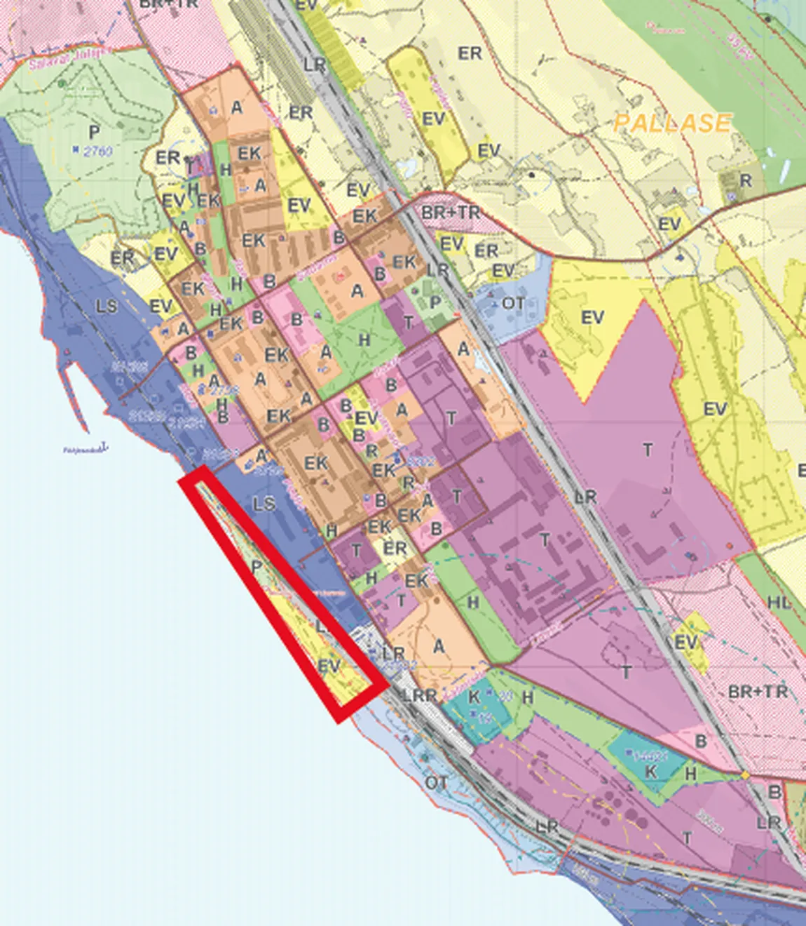 Skeem: Toomas Paaveri ekspertiisis käsitletud ala tähistatuna Paldiski linna üldplaneeringu 2005. aastal kehtestatud joonisel (AS Entec)